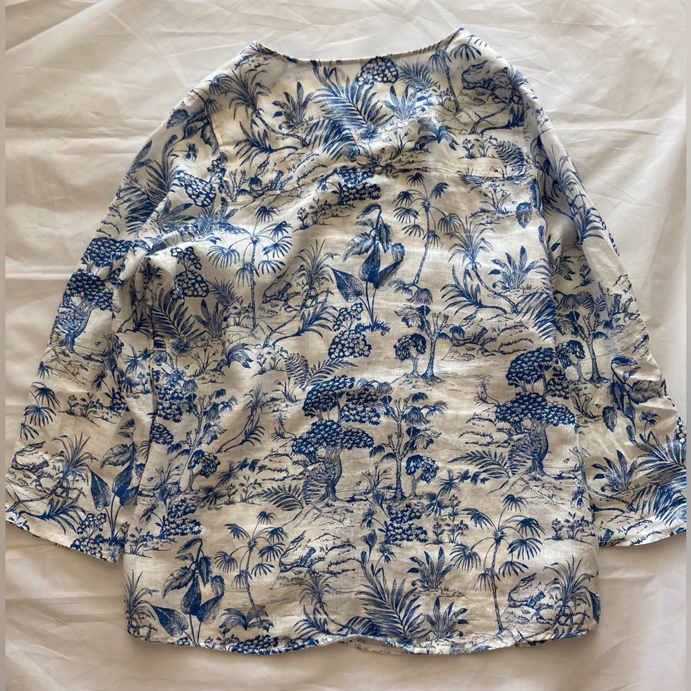 JOIE 100% Linen Tropical Blue/White Toile Print Button-Down Blouse 1X Botanical - Picture 3 of 9